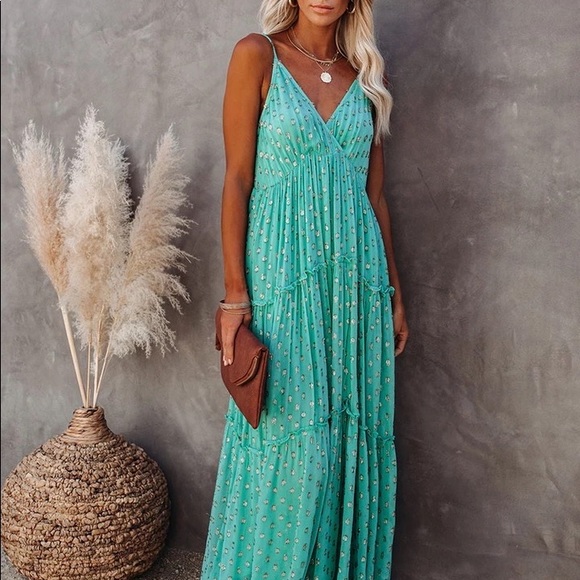 Garden Floral Boho Maxi Dress, Boho Summer Green Stappy Sundress, All Over Print - Picture 4 of 7